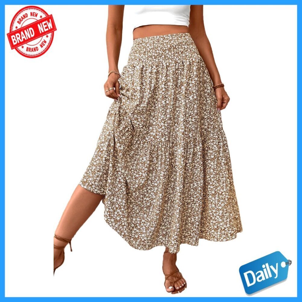 Maxi Skirt Smocked High Waist Flowy A-Line with Pockets Summer Beach